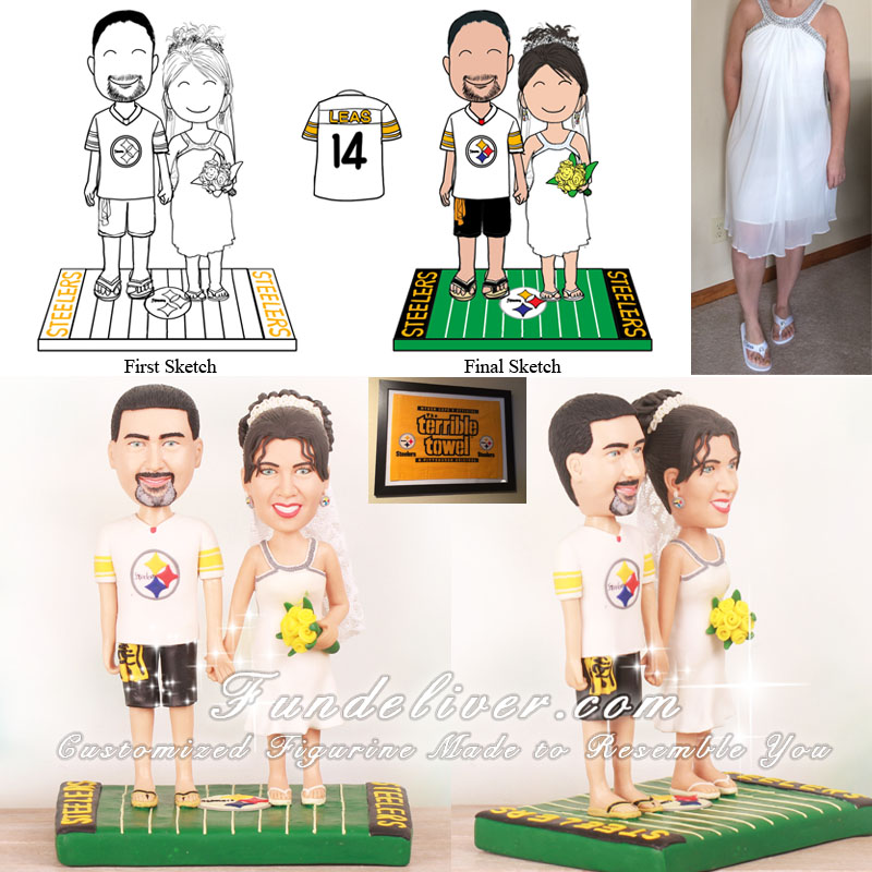 Bride and Groom Standing on Football Field Cake Toppers